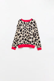 Scarlett Leopard Sweater featuring leopard print with red collar and cuffs, perfect for a cozy and trendy look.