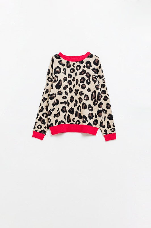 Scarlett Leopard Sweater featuring leopard print with red collar and cuffs, perfect for a cozy and trendy look.