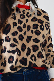 Scarlett Leopard Sweater featuring a relaxed fit, leopard print, and red collar details, styled with denim.