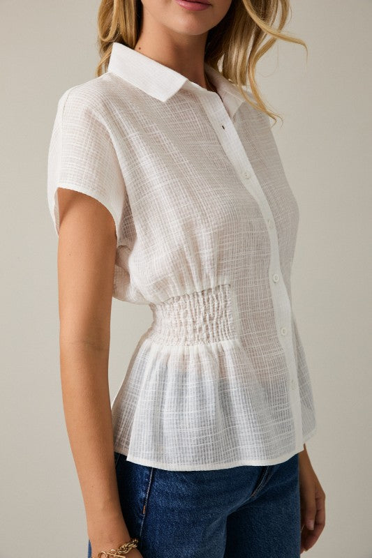 Soft Structure Smocked Button Top