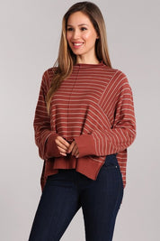 Aubrey Knit Pullover with mock neck and striped design, featuring an oversized fit and side slits, perfect for casual outfits.