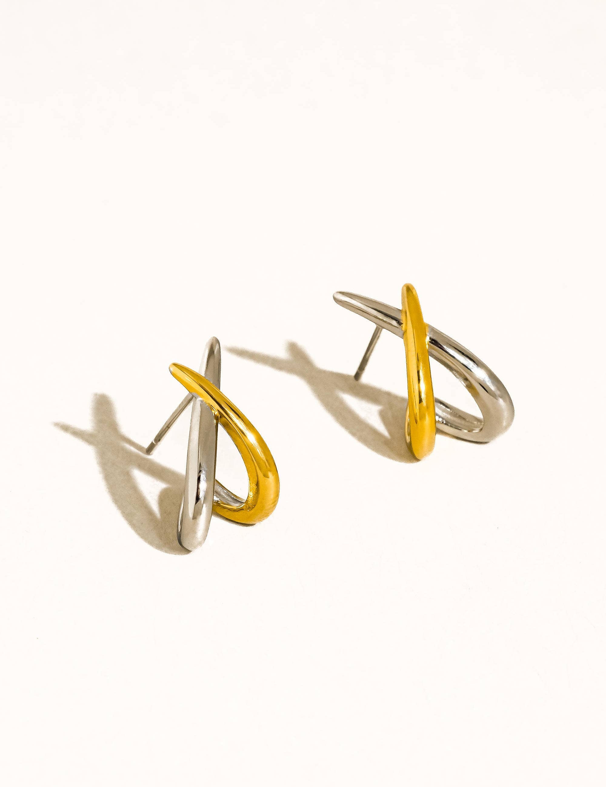 Staven 18K Gold Non-Tarnish Two Tone Crossover Earrings