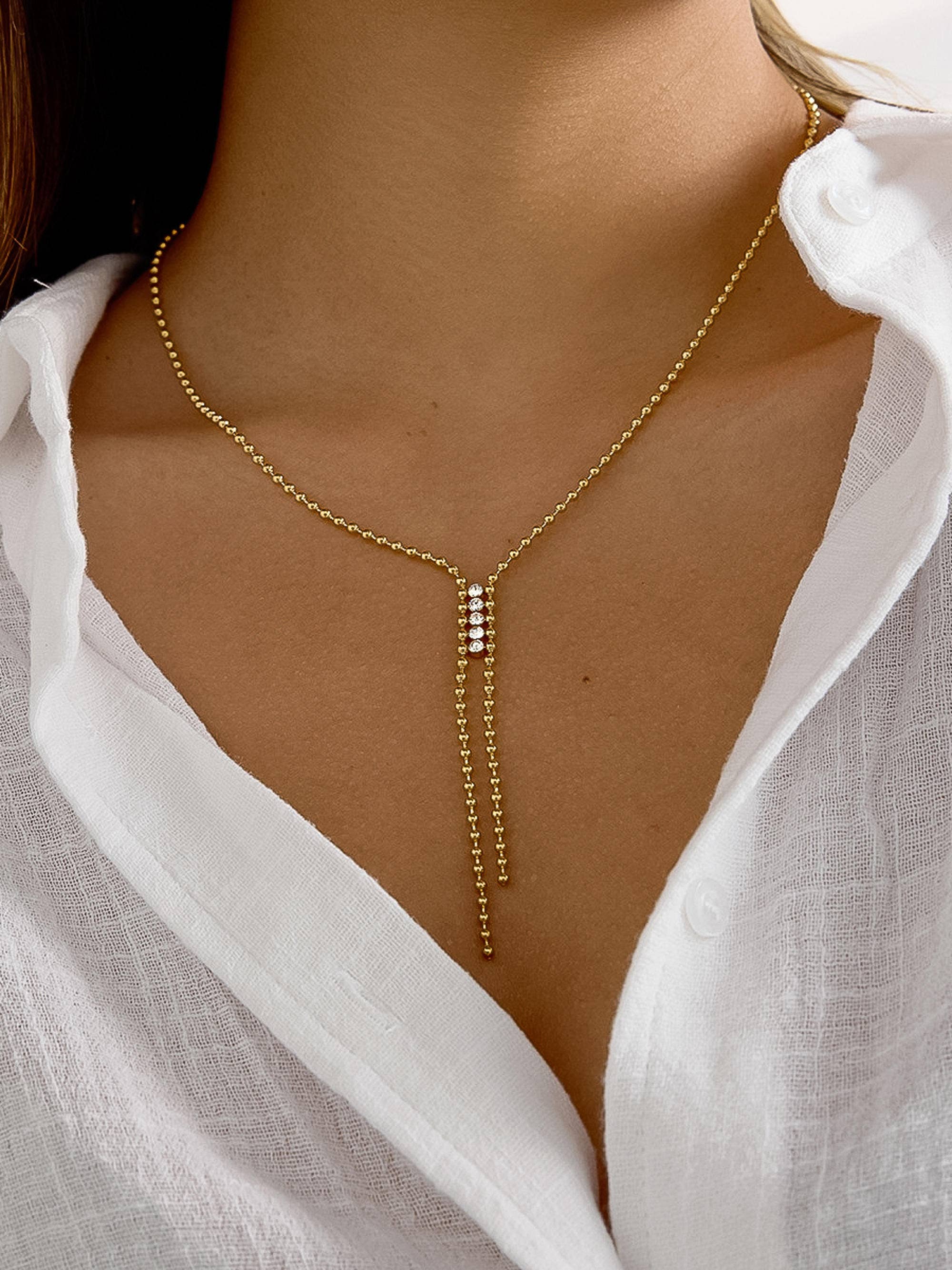 Zephine 18K Gold Non-Tarnish CZ Lariat Necklace