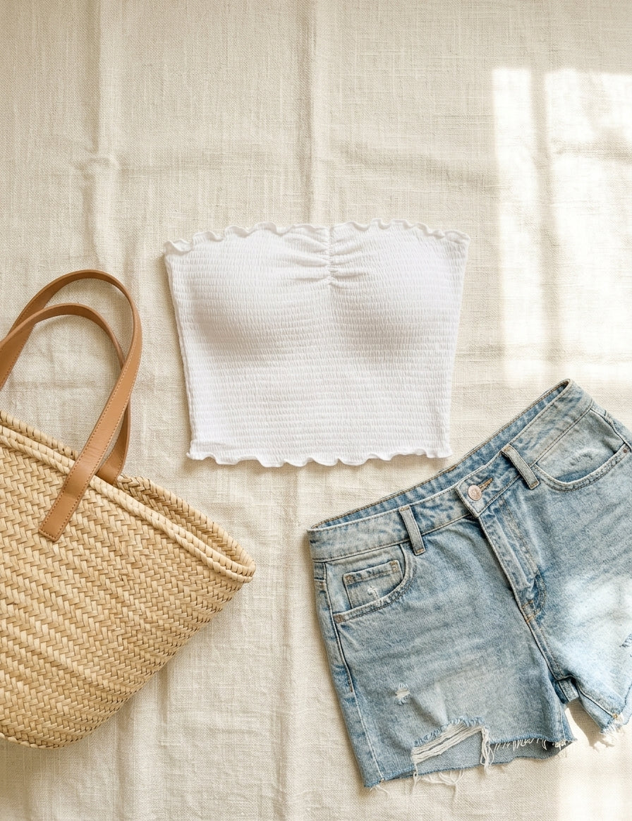 Smocked Crop Top — Summer Styled Flat Lay | Generated by Modelize