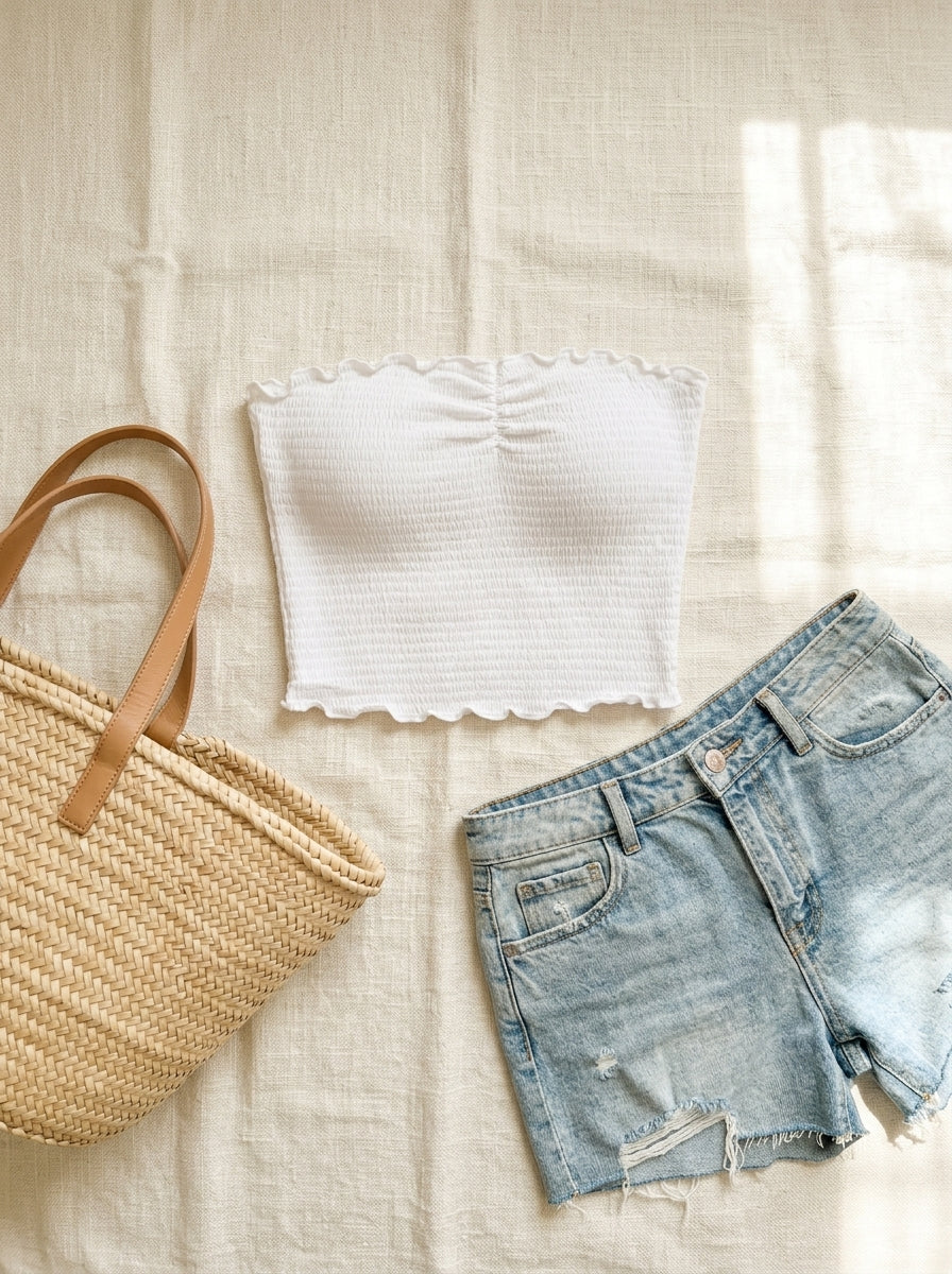 Smocked Crop Top — Summer Styled Flat Lay | Generated by Modelize