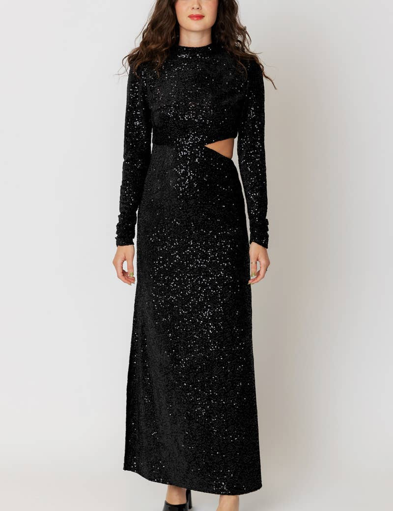 Mock Neck Sequin Maxi Dress with Side Cut-Out - Style Bar