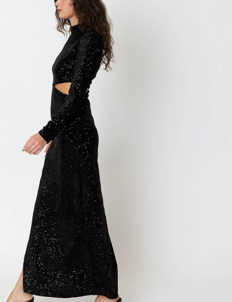Mock Neck Sequin Maxi Dress with Side Cut-Out - Style Bar