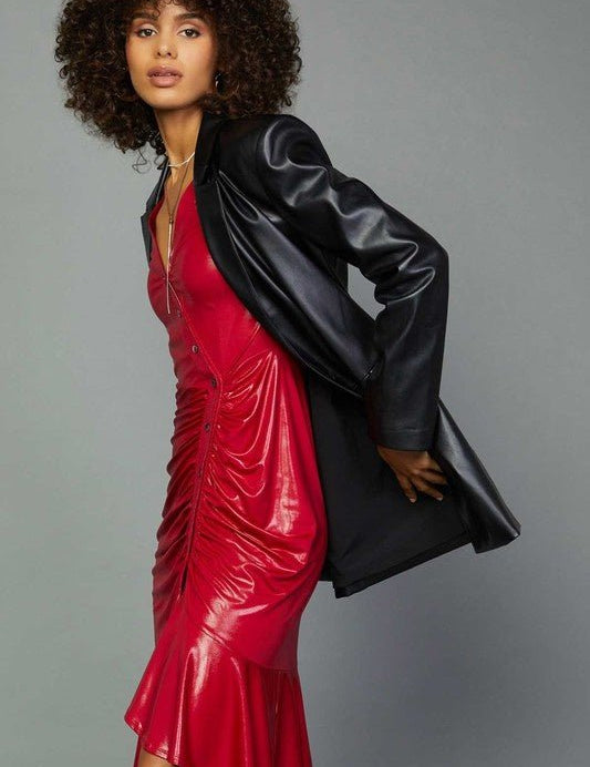 Stevie Faux Leather Blazer - FINAL SALEPRODUCT DESCRIPTION: Set trends all over town when you add the Stevie Vegan Leather Blazer to your OOTD! Buttery smooth vegan leather shapes this chic blazer that has a collared neckline with notched lapels, lightly