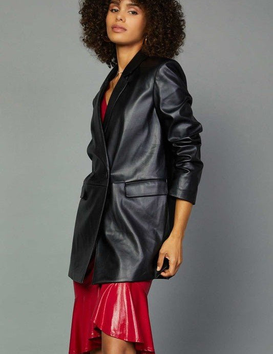 Stevie Faux Leather Blazer - FINAL SALEPRODUCT DESCRIPTION: Set trends all over town when you add the Stevie Vegan Leather Blazer to your OOTD! Buttery smooth vegan leather shapes this chic blazer that has a collared neckline with notched lapels, lightly